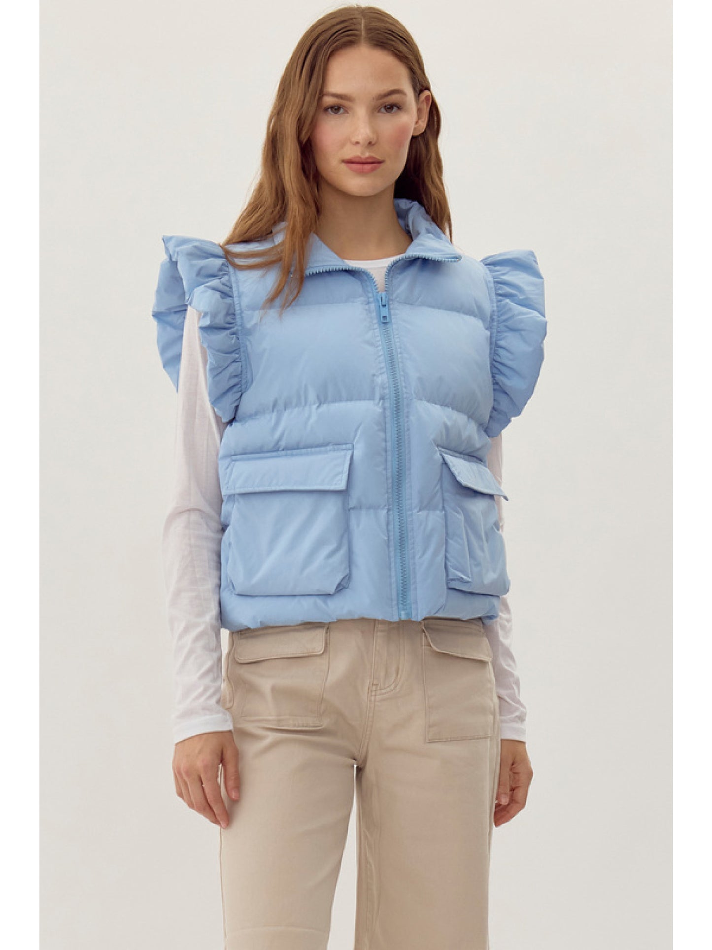 Ruffle Sleeve Front Pocket Puffer Vest