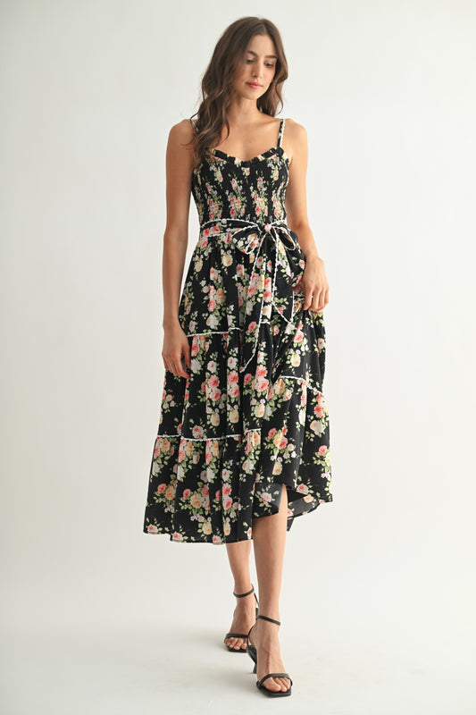 Black Floral Sleeveless Midi Dress w/ Tie