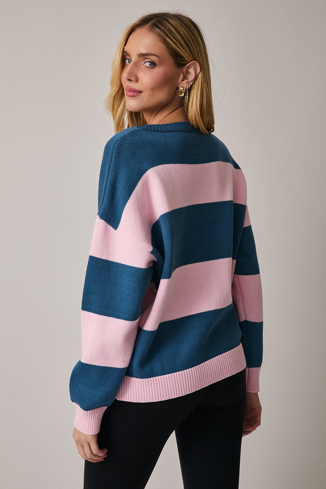 Teal-Pink Striped 'Apres Ski' Crew Neck Sweater