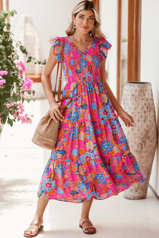 Hot Pink Boho Floral Sleeveless Maxi Dress w/ Pockets