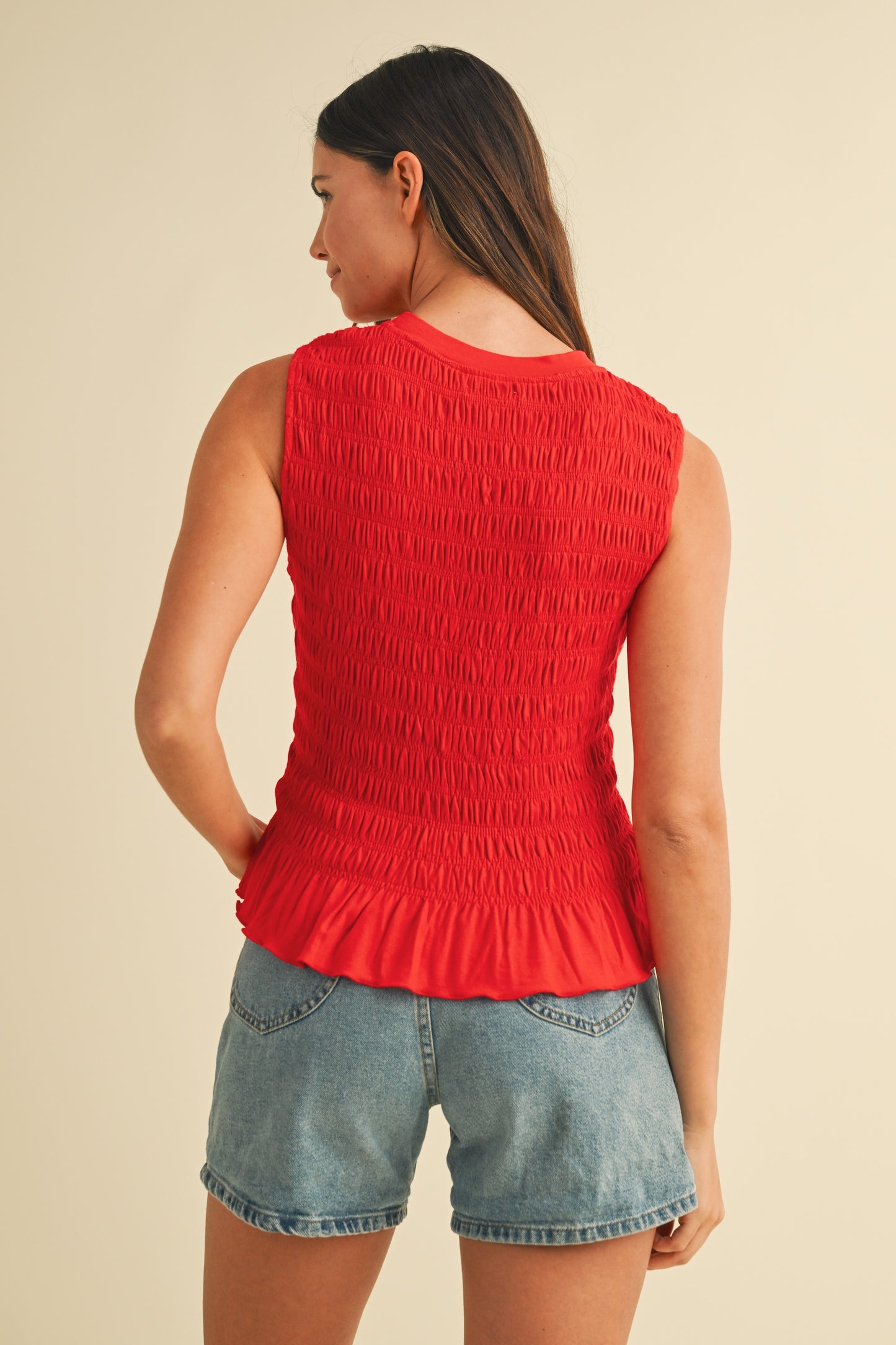 Red Smocked Ruffle Hem Sleeveless Top