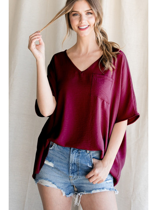 Wine V-Neck Short Sleeve Pocket Blouse