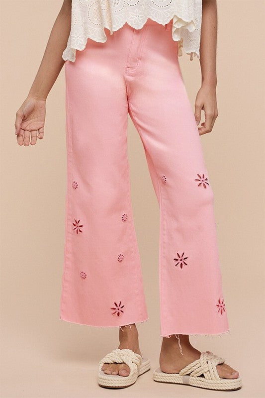 Soft Pink Eyelet Embroidered Wide Leg Jeans