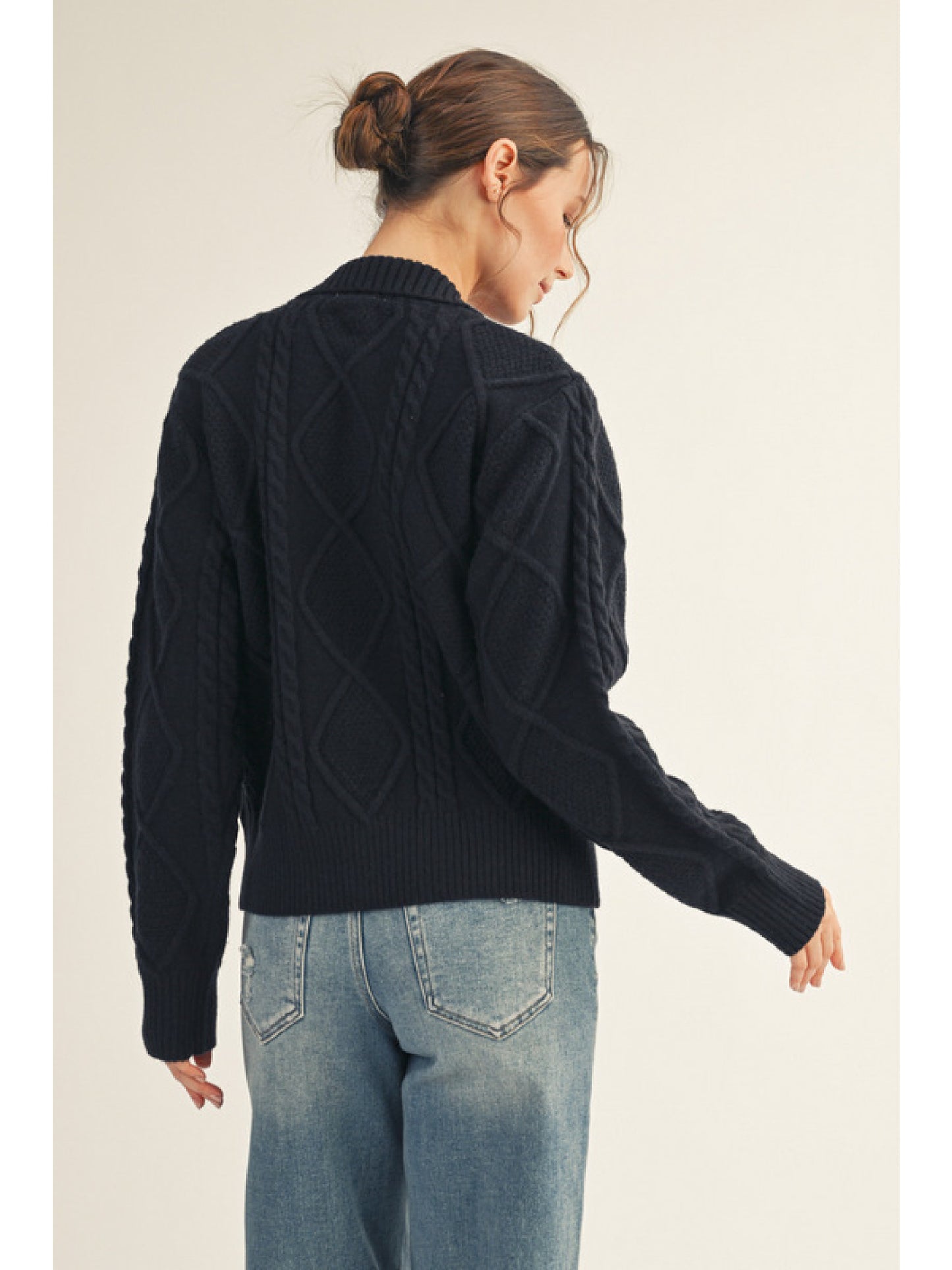 Cable Knit, Zipper Collared Sweater w/ Bow Pocket Details