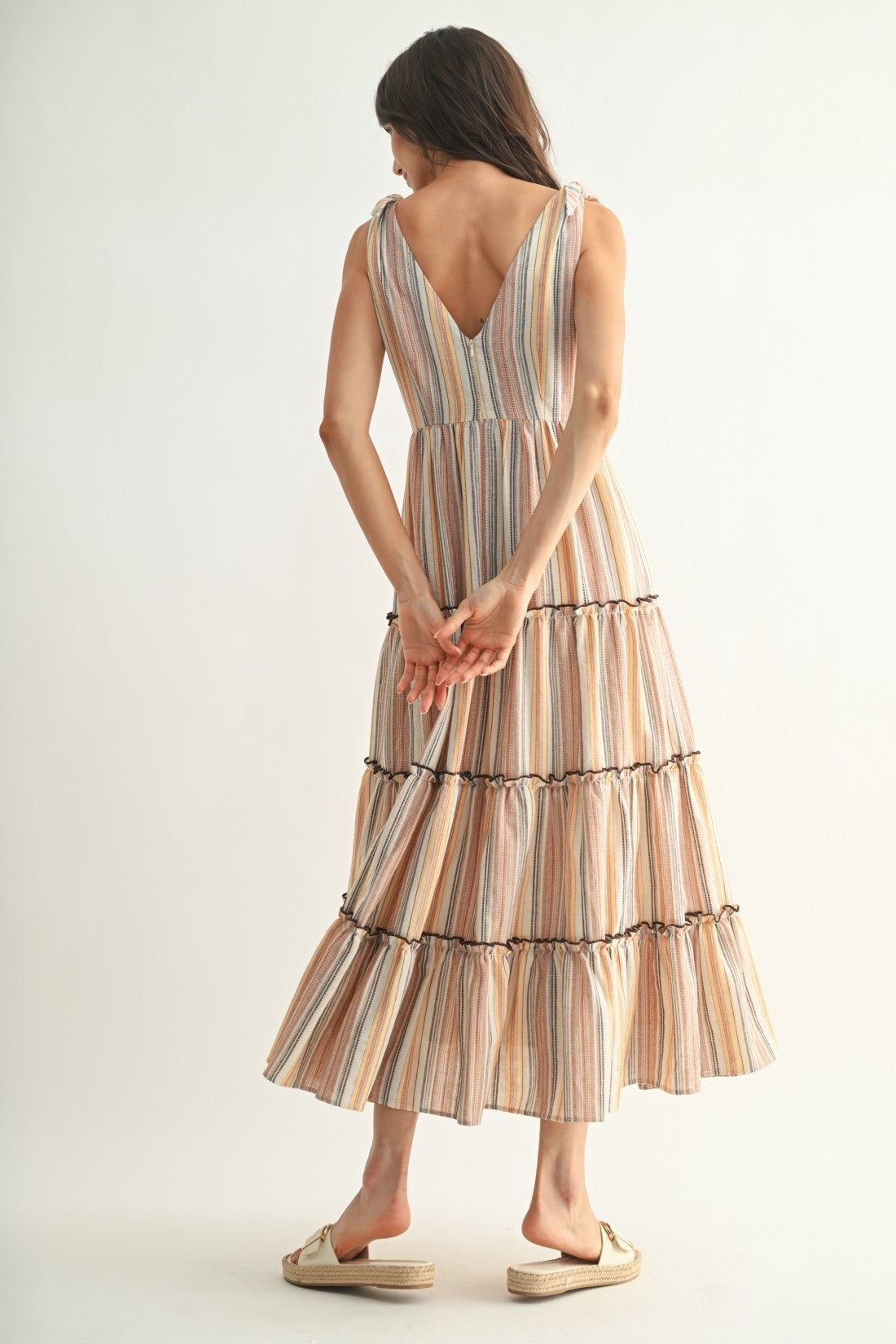 Orange/Brown Multi Striped Maxi Dress w/ Tie Straps