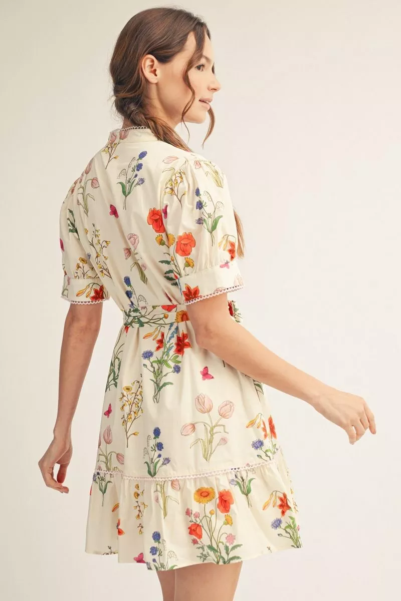 Cream Floral Pattern Short Sleeve Tie Waist Mini Dress