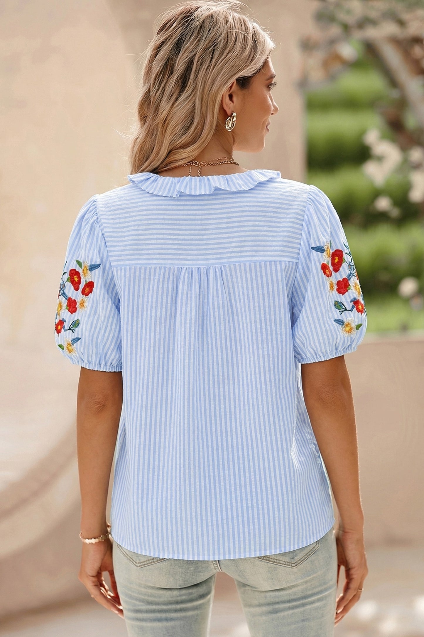 Sky Blue Striped Embroidered Puff Sleeve Blouse