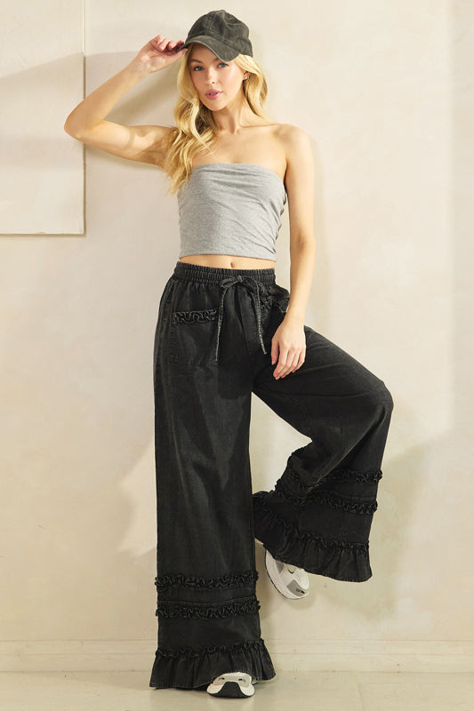 Ash Black Ruffle Hem Drawstring Pants