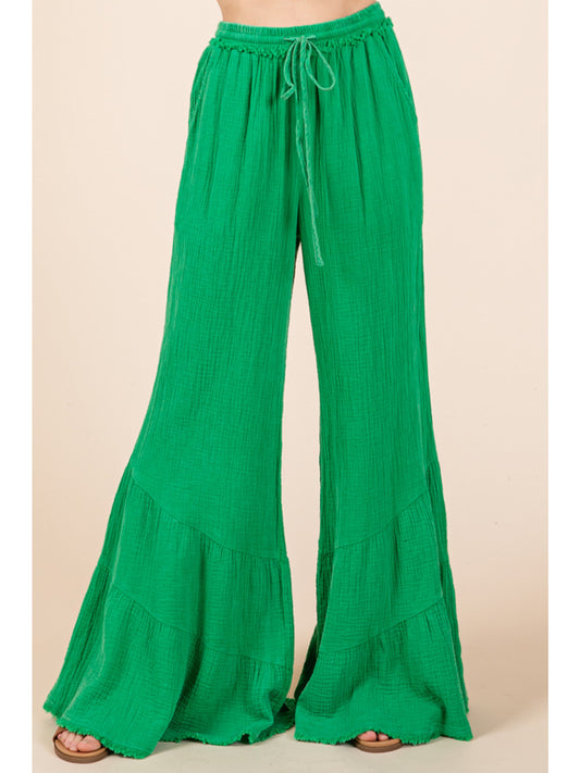 Green Tiered Flare Drawstring Pants