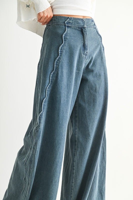 Medium Wash Wide-Leg Stretch Denim w/ Zig-Zag Detail
