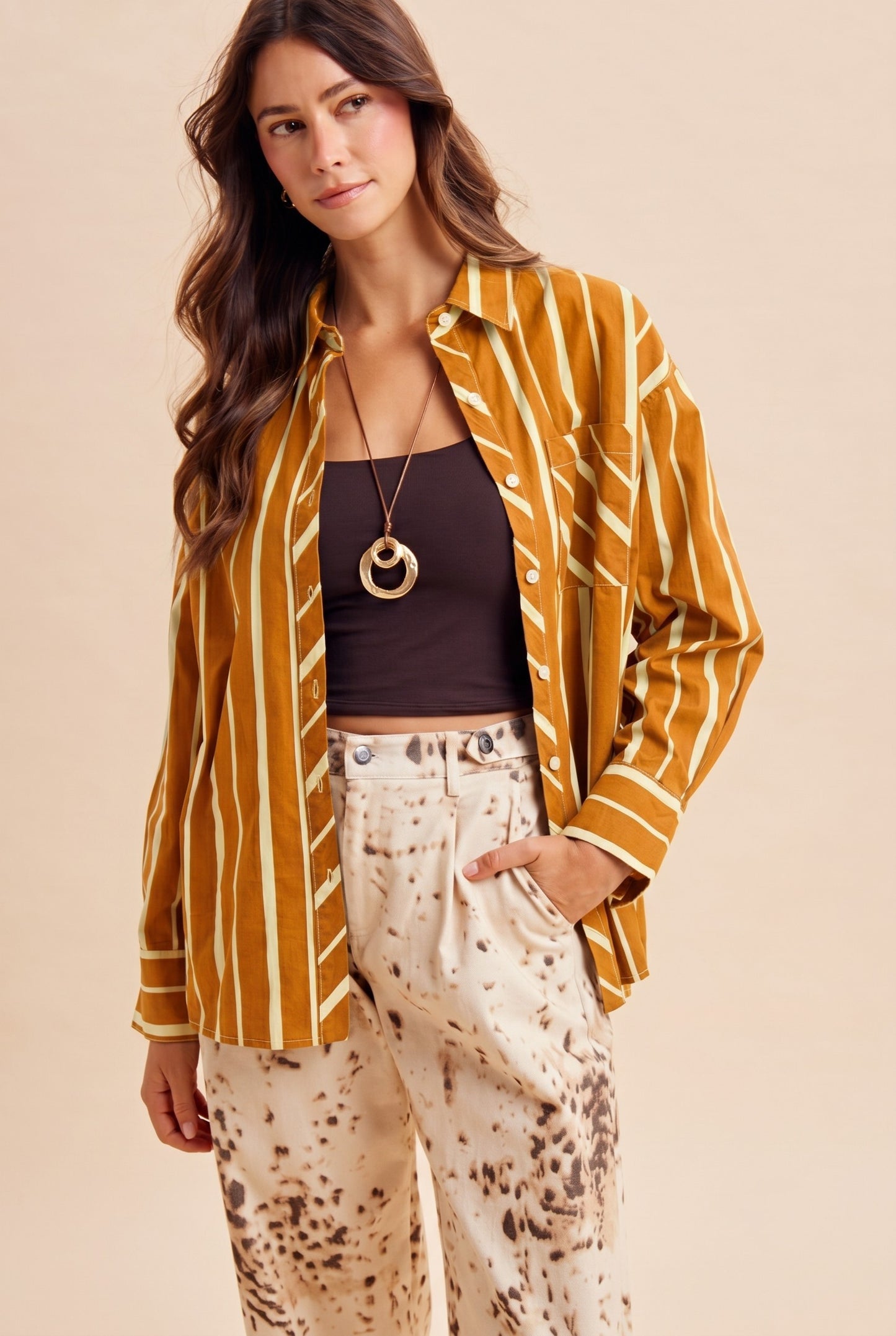 Pumpkin Striped Oversized Button Down Shirt