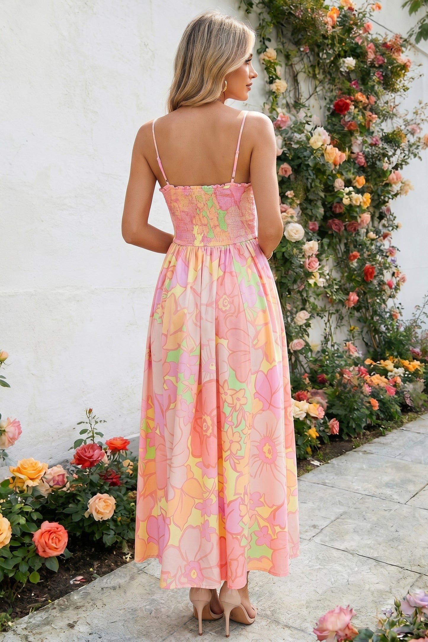 Pink Floral Sleeveless Smocked Midi Dress