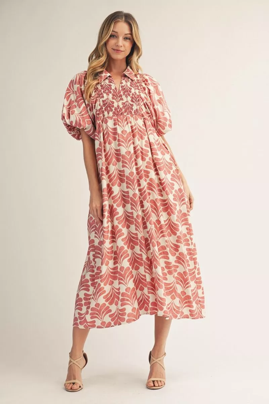 Mauve Floral Collared Short Sleeve Maxi Dress