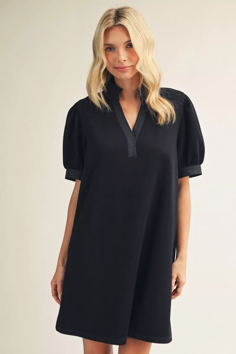 Black Short Puff Sleeve Mini Dress