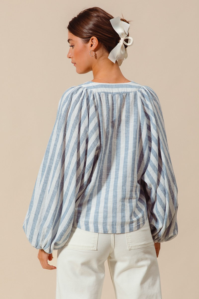 Blue/Ivory Striped Lace Up Blouse w/ Bubble Sleeves