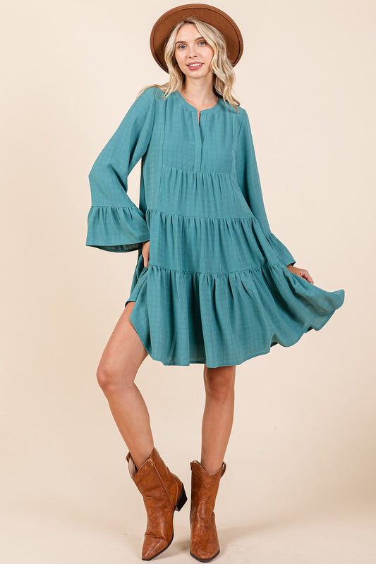 Seafoam Textured Long Bell Sleeve Tiered Mini Dress