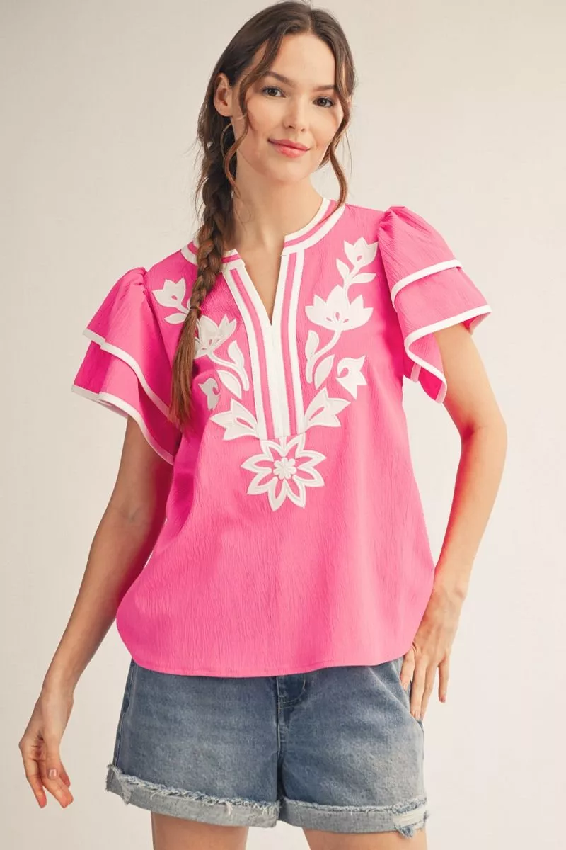 Short, Flutter Sleeve V-Neck Blouse