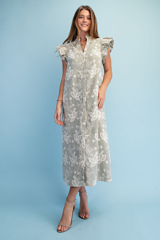 Matcha Floral Gingham Print Button Down Midi Dress