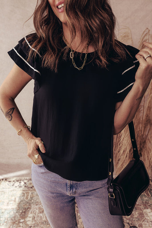 Black Short Ruffle Sleeve Blouse