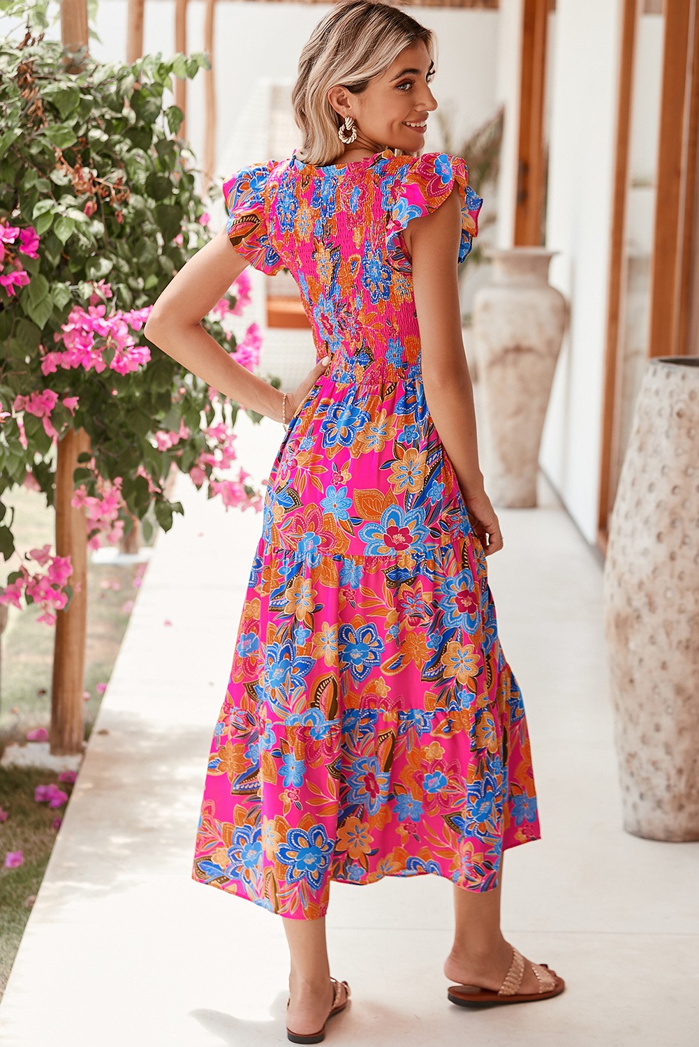 Hot Pink Boho Floral Sleeveless Maxi Dress w/ Pockets