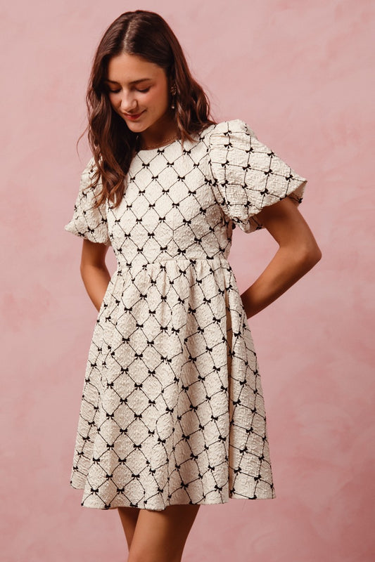 Ivory Jacquard Ribbon Print Short Sleeve Mini Dress w/ Big Ribbon Tie Back