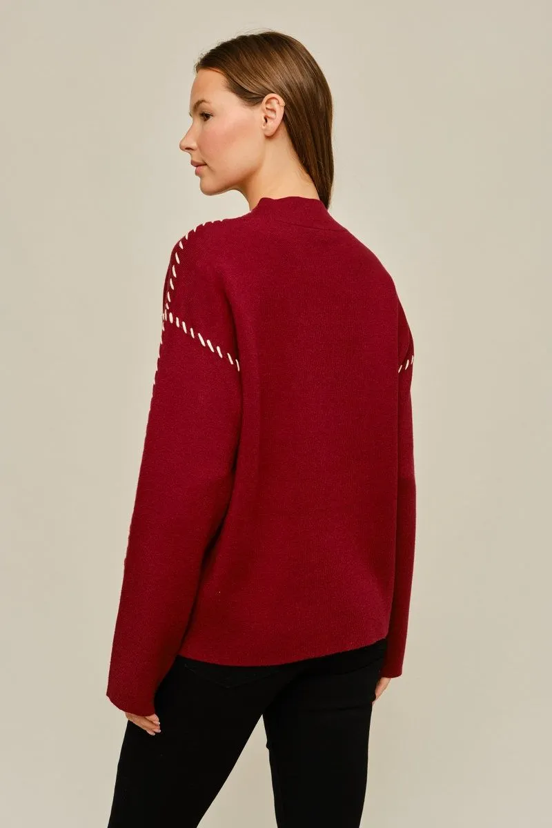 Burgundy Mock Neck Sweater w/ Stitch Detail