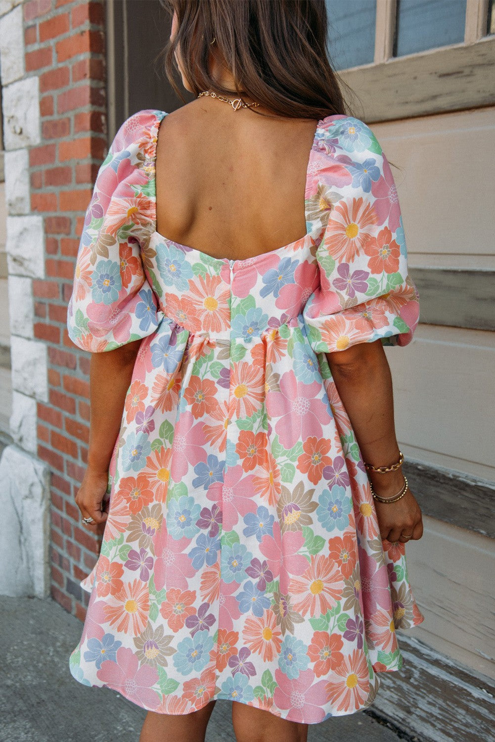 Multicolor Floral Puff Sleeve Square Neck Mini Dress