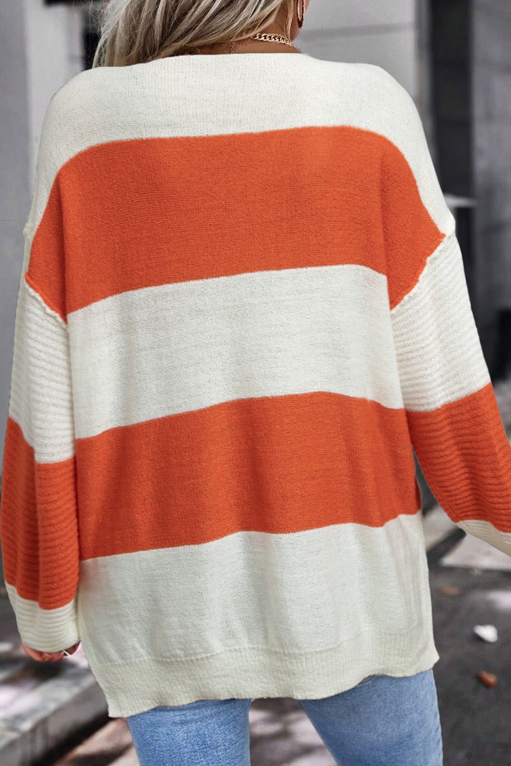 Striped Oversized V-Neck Lightweight Sweater