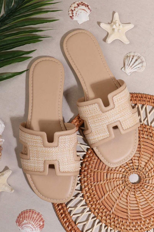 Beige Faux Raffia Strap Slip On Sandals