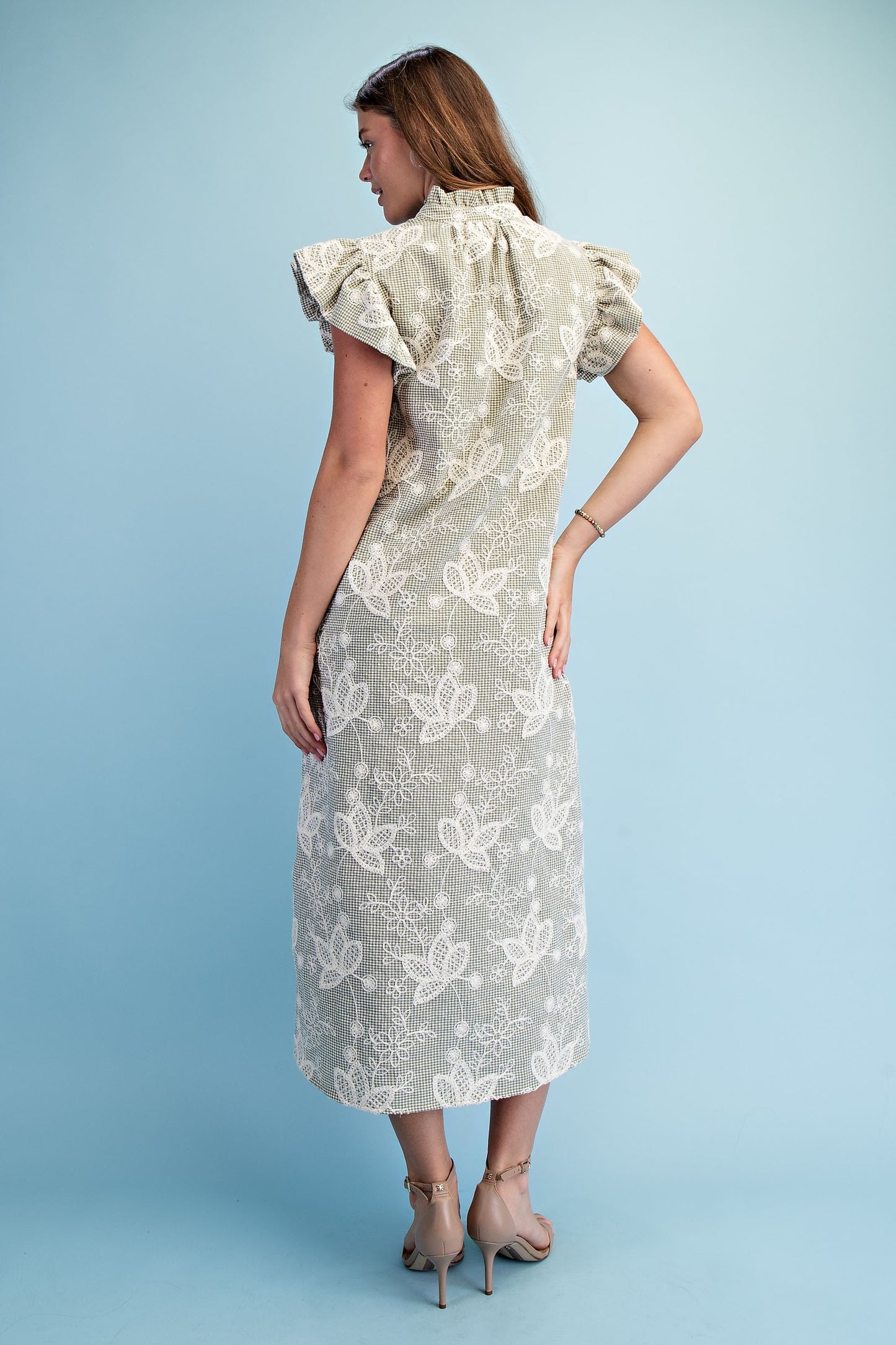 Matcha Floral Gingham Print Button Down Midi Dress