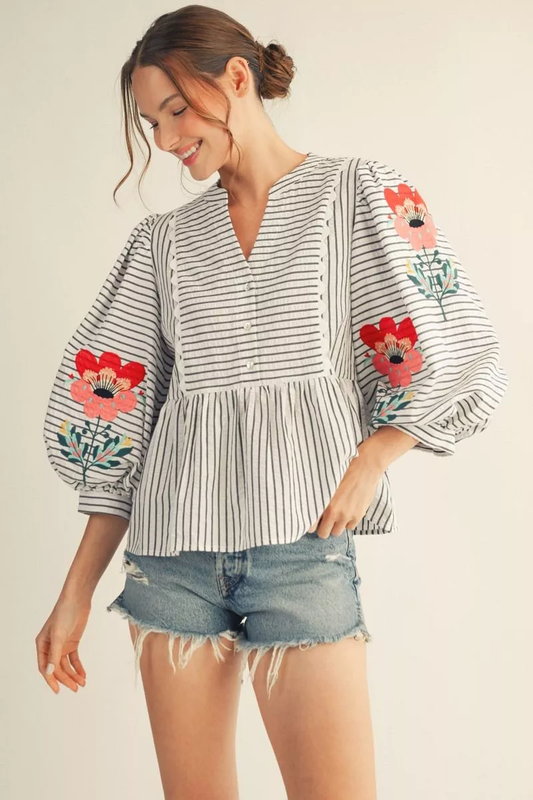 Off-White Striped Long Sleeve Babydoll Blouse w/ Floral Details