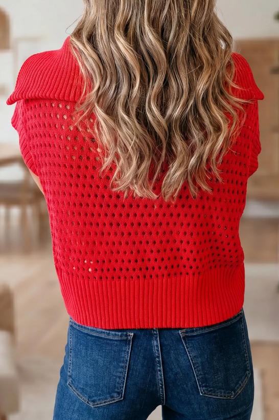 Red Open Knit Short Sleeve Zipper Collared Top