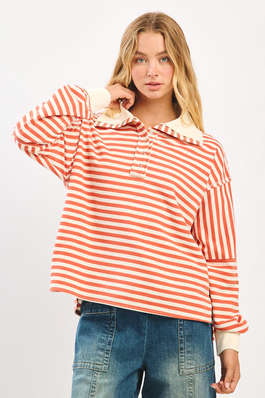Burnt Orange Striped, Collared Sweatshirt