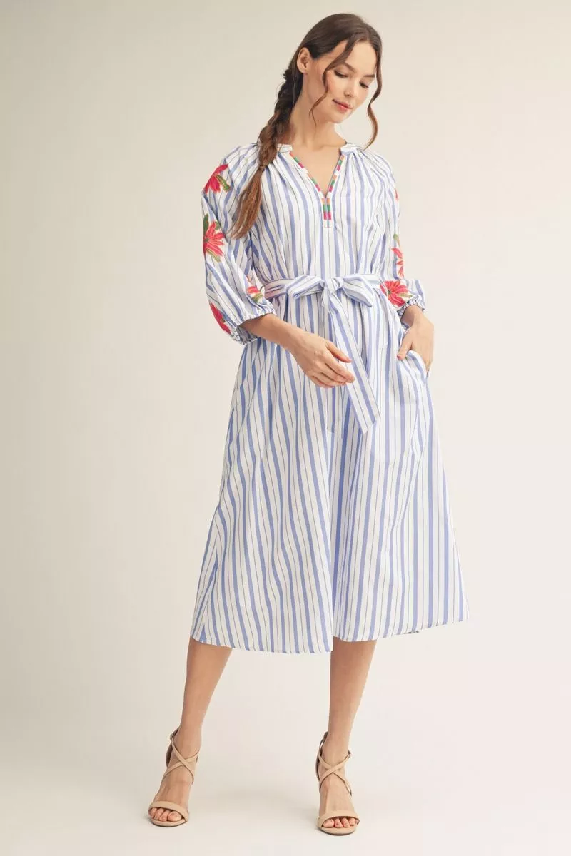 Blue Striped Midi Dress w/ Embroidered Flower Sleeves