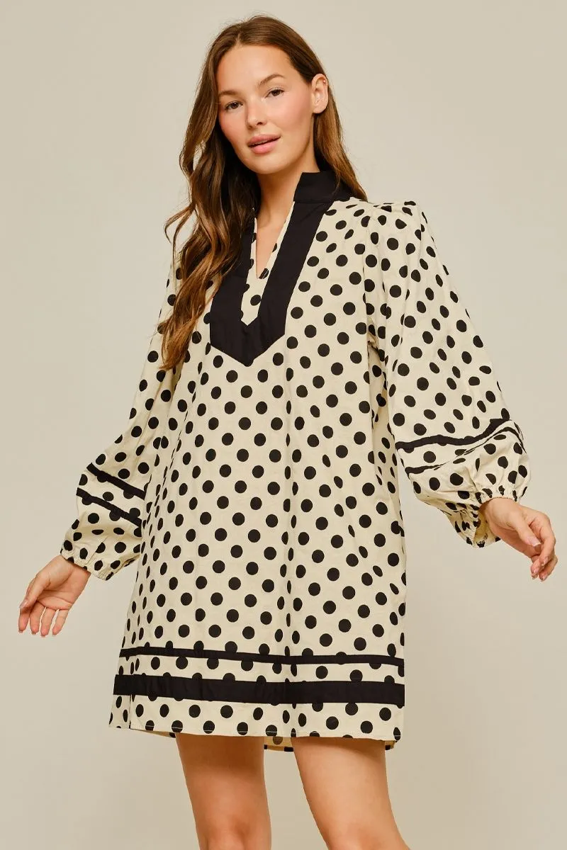Cream Polka Dot Long Sleeve Mini Dress