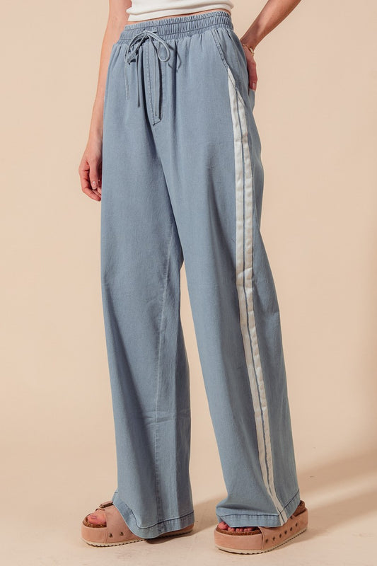 Denim/Ivory Mid Rise Drawstring Track Pants