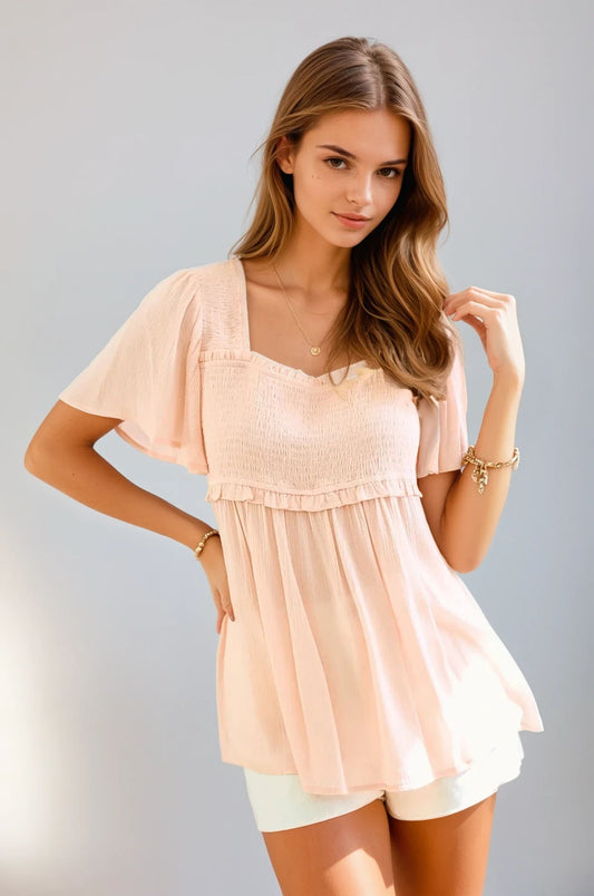 Blush Square Neck Flutter Sleeve Smocked Blouse
