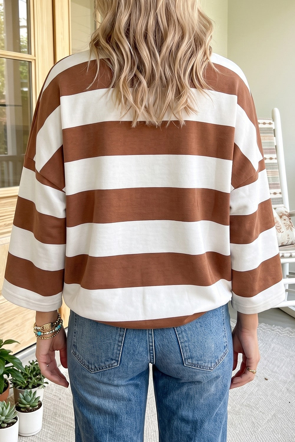 Brown Striped Collared 3/4 Sleeve Top