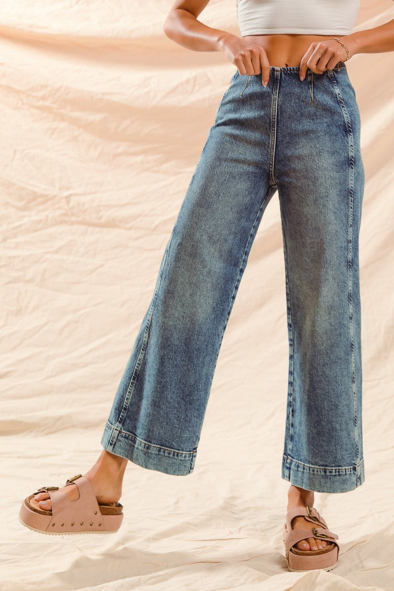 Denim Mid Rise Wide Leg Jeans w/ Back Zipper Closure