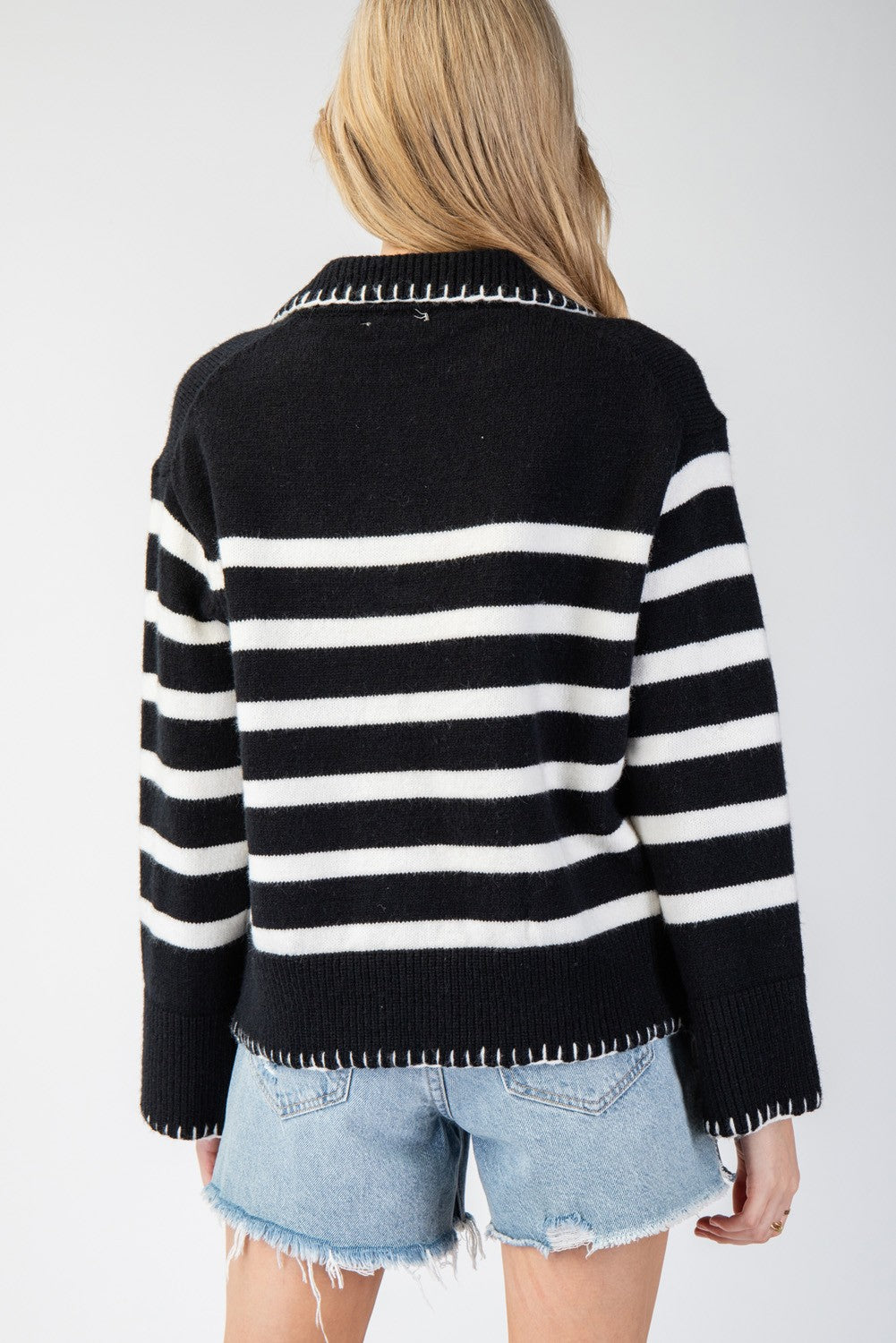 Black & White Striped Stitch Collared Sweater