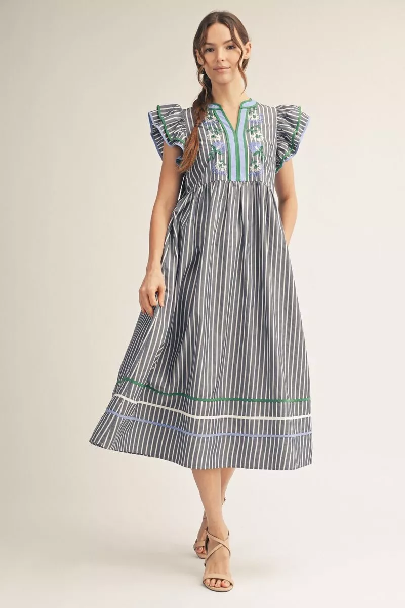 Denim Blue Striped Tiered Midi Dress w/ Embroidered Bodice