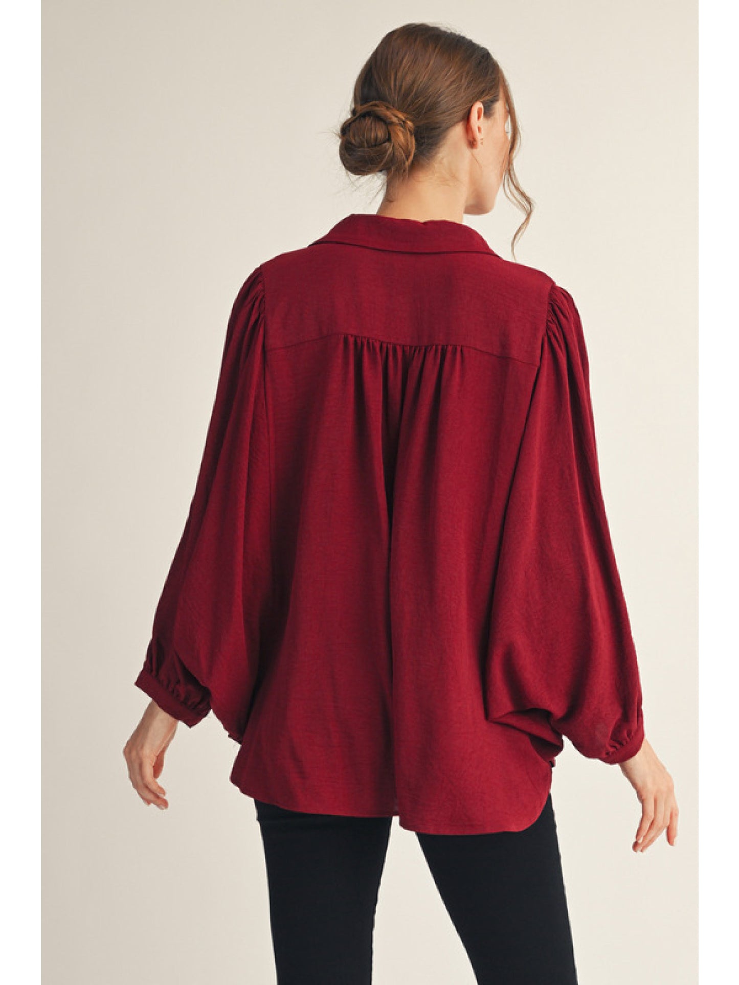 Burgundy Collared, Long Sleeve Balloon Blouse