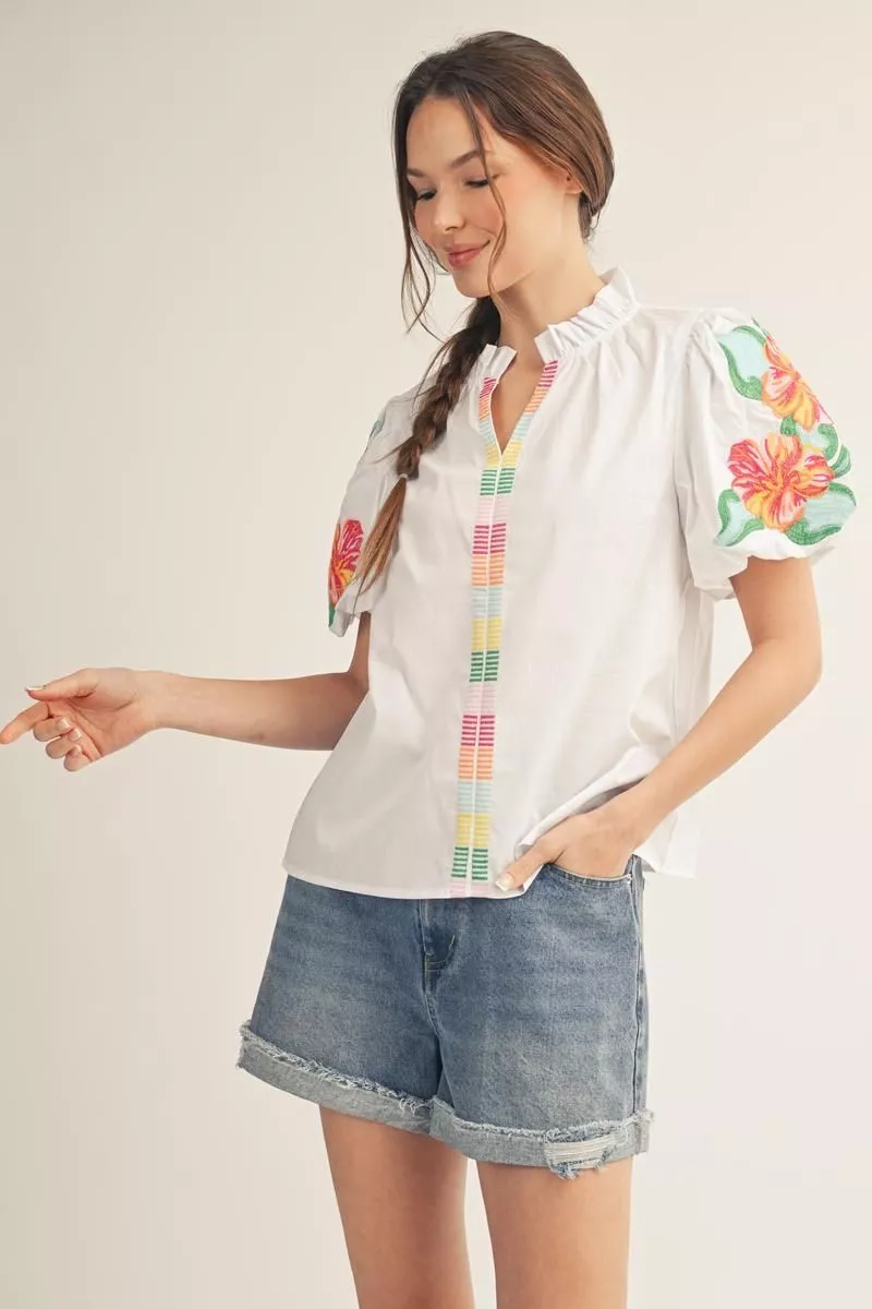 White Short Sleeve Embroidered Blouse