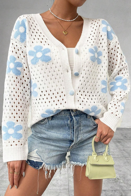 White Loose Knit Button Up Cardigan w/ Blue Flowers