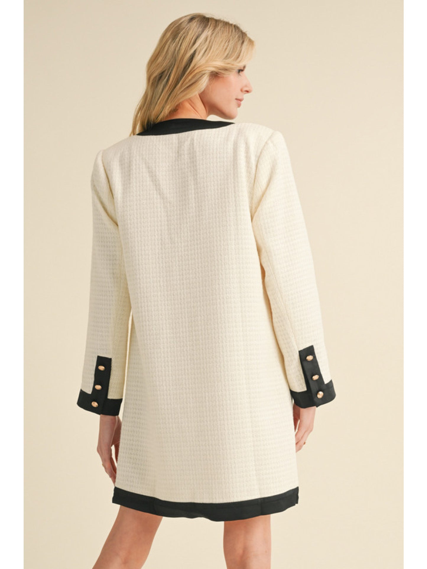 Ivory Tweed Long Sleeve Mini Dress w/ Bow Detail