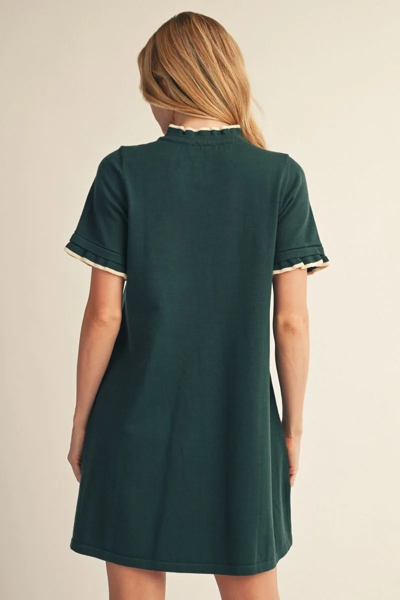 Hunter Green Short Sleeve Ribbed Sweater Dress