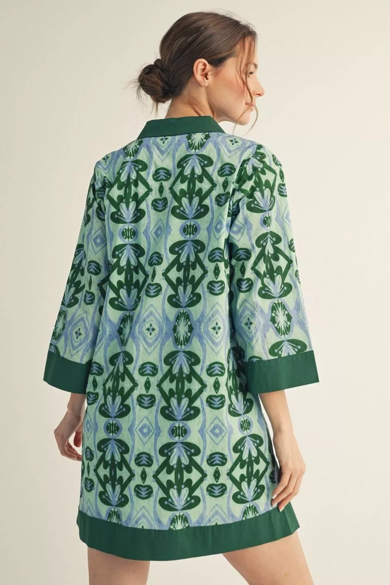 Green Patterned Long Sleeve Mini Dress