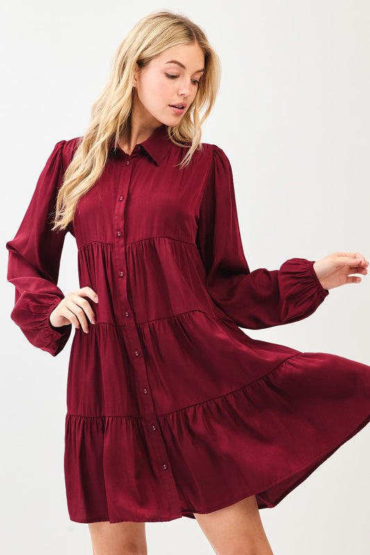 Wine Button Up Long Sleeve Mini Dress