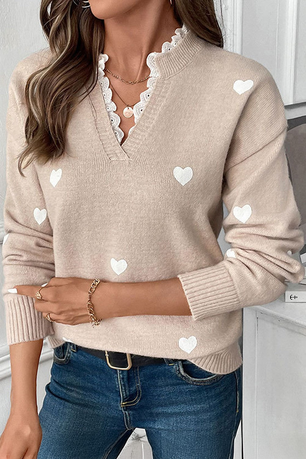 Beige Heart Print Sweater w/ Lacy V-Neck