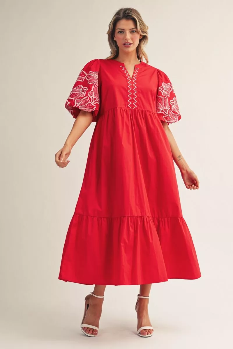 Red Tiered Maxi Dress w/ Embroidered Sleeve Details